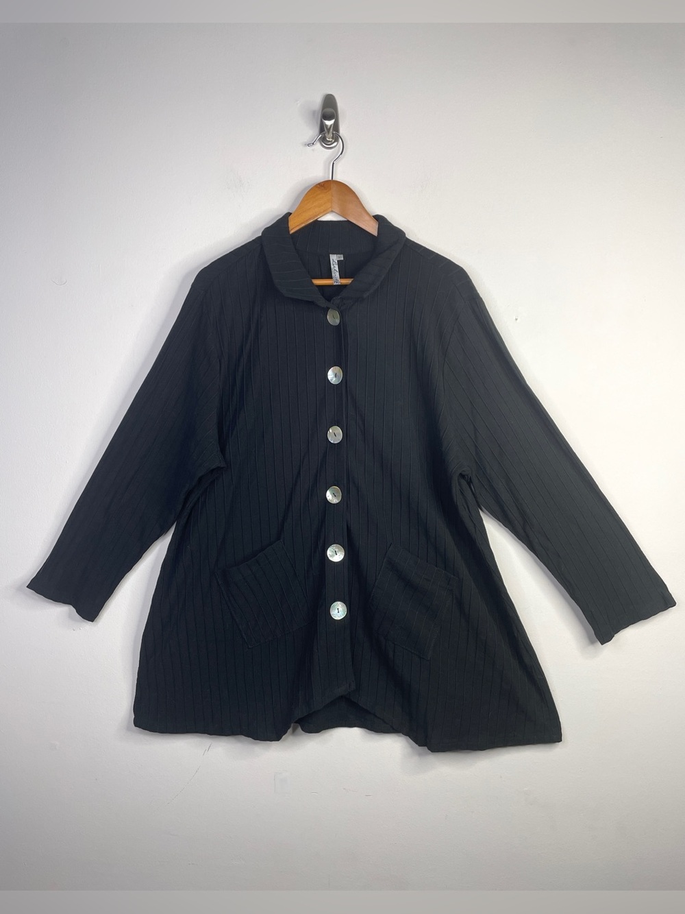 Lulu B Black Ribbed Cotton Long Lagenlook Shell Button Up Jacket Top womens XL